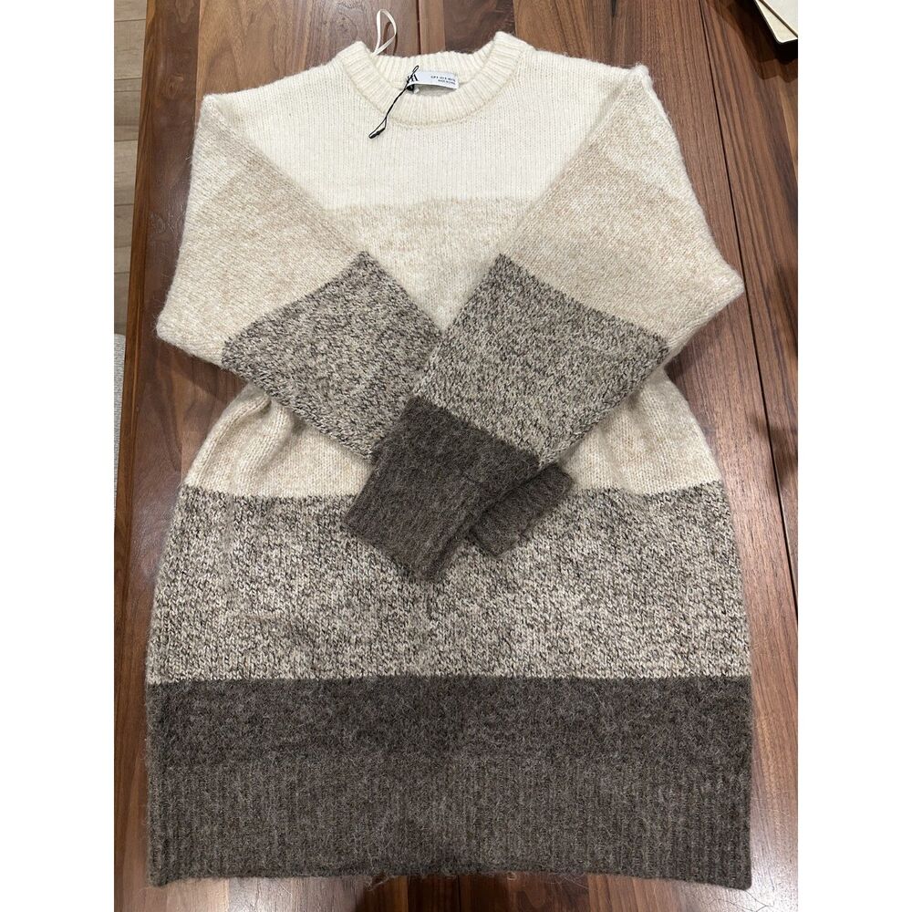 Zara Color Block Knit Sweater Dress Cream Taupe Gray Long Sleeve Cozy Size Small